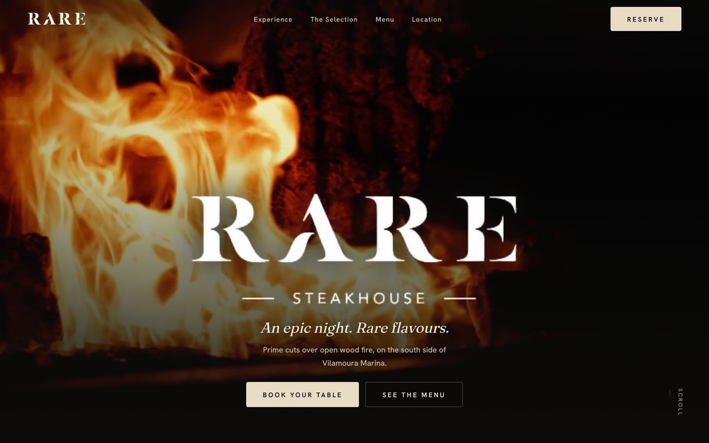 The RARE Steakhouse website on a desktop screen.